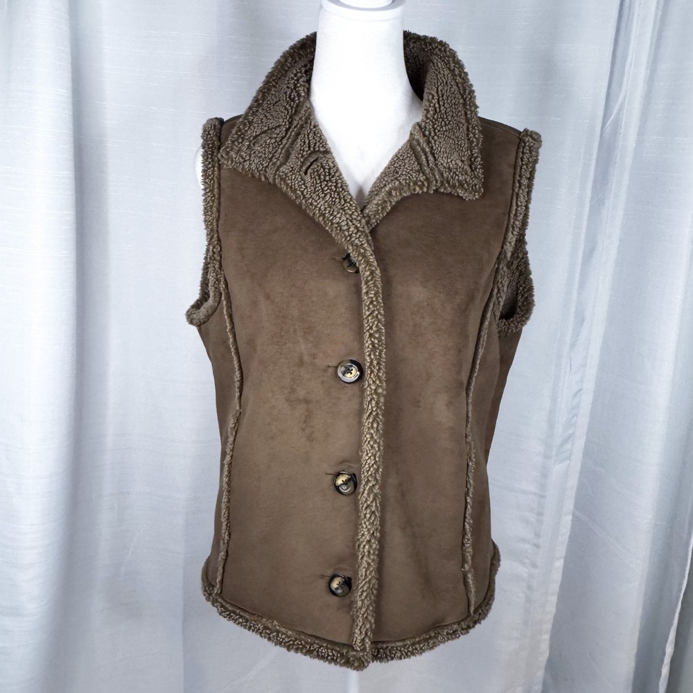 L.L.Bean Womens S Brown Faux Suede Sherpa Fleece Lined Vest Button Front EUC